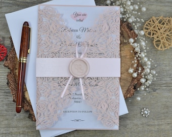 Wedding Invitation, laser cut wedding invitation with rsvp cards, pink invitation suit