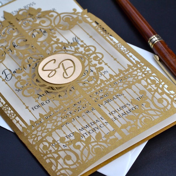 Gold wedding invitations with envelope , elegant laser cut wedding invitation, printed wedding invitation in gate style