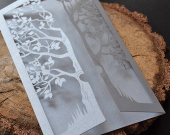 Laser cut invitation pocket, Laser invitation cover, DIY invitation, Invitation envelope, Tree shaped invitation, silver invitation