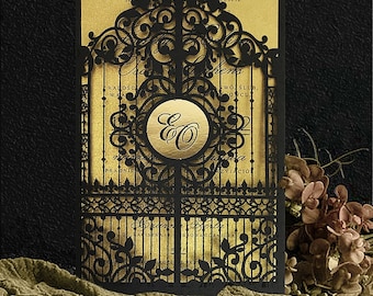 wedding invitation, gate wedding invitation, black invitation, laser cut invitation, rustic invitation, gold invitation,