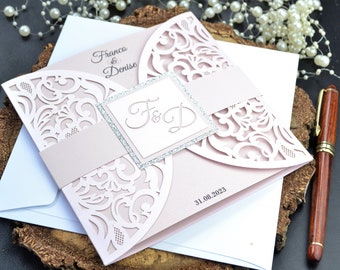 Laser cut wedding invitation, pink invitation, glittery invitation, printed invitation, wedding invitation, laser cut wedding card