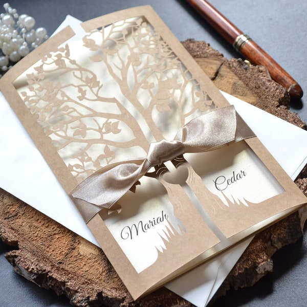 Rustic wedding invitation in eco brown style, Tree of life invitation, ribbon invitation, boho invitation card,