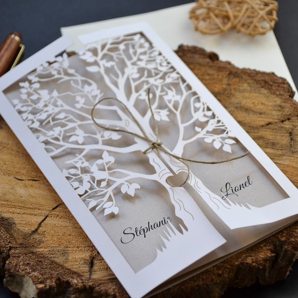 Wedding invitation, eco style printed wedding invitation in a shape of tree, white laser cut invitation, rustic invitation