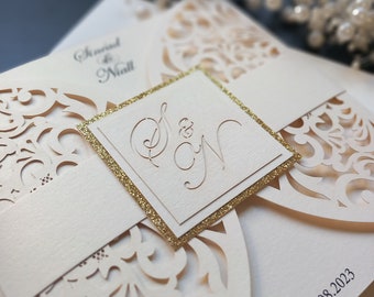 Wedding invitation with glitter, ivory wedding invitation, glittery invitation, printed invitation, gold invitation