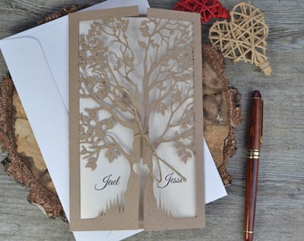 Laser cut wedding invitation in eco rustic style, Tree of life invitation, ribbon invitation, boho invitation card,