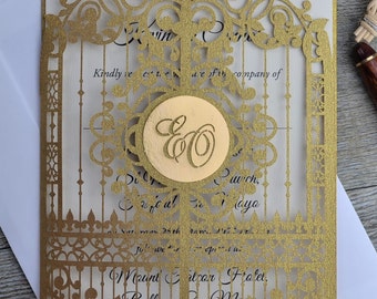 Wedding invitation, gold laser cut wedding invitation with envelope , elegant wedding invitation with envelope, gate invitation,