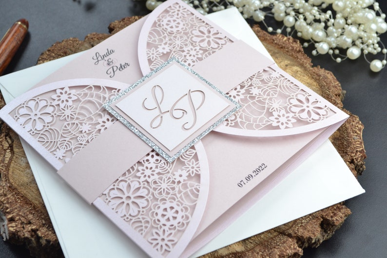 Blush pink wedding invitation with glitter, glittery invitation, printed invitation, image 7