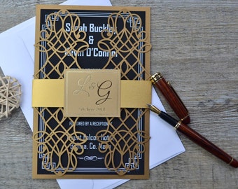 Wedding invitation, Laser cut wedding invitation with gold foiled tag, gold invitation, black invitation