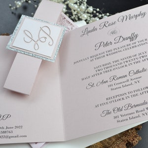 Blush pink wedding invitation with glitter, glittery invitation, printed invitation, image 5