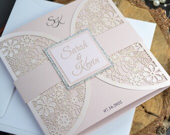 Blush pink printed laser cut wedding invitation with silver glitter, wedding reception invitation