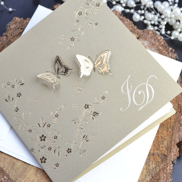 Wedding invitation with gold butterflies, Gold invitation, printed invitation, hot stamp invitation