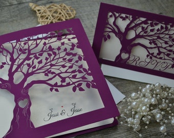 Invitation de mariage personnalisée avec carte rsvp, invitation à l’arbre, invitation de mariage violette, invitation découpée au laser, invitation rustique