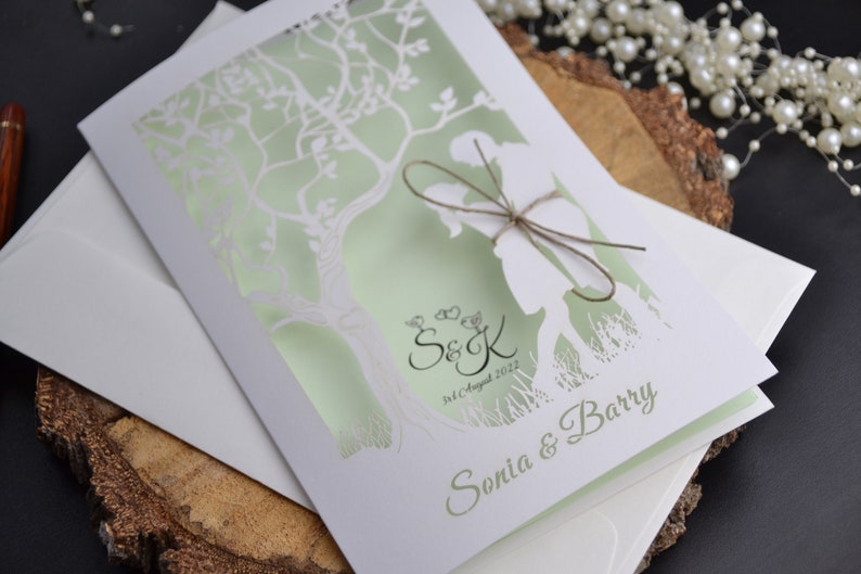 Wedding invitation, Tree laser cut wedding invitations with envelopes, white invitation, rustic invitation, vintage invitation, mint invite image 4