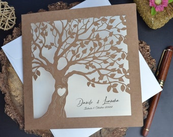 Faire-part de mariage, faire-part de mariage découpés au laser, faire-part fait main avec enveloppes, faire-part de mariage brun écologique, faire-part d'arbre