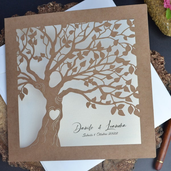 Wedding invitation, Laser cut wedding invitations , handmade invitations with envelopes, Eco brown wedding invitations, tree invitation