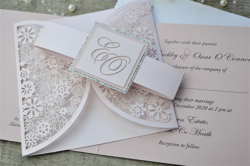 Blush pink wedding invitation with glitter, glittery invitation, printed invitation, image 6