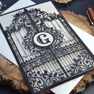 laser cut wedding invitation, printed wedding invitation, gate invitation, rustic invitation, black invitation