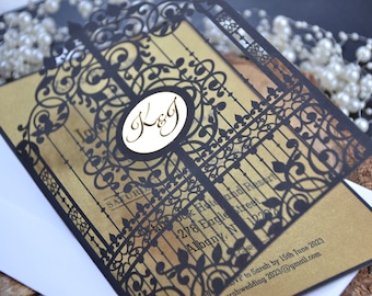 Black and gold laser cut wedding invitation, gatefold invitation