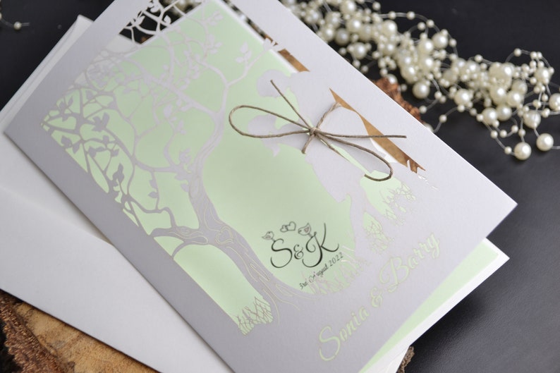 Wedding invitation, Tree laser cut wedding invitations with envelopes, white invitation, rustic invitation, vintage invitation, mint invite image 7