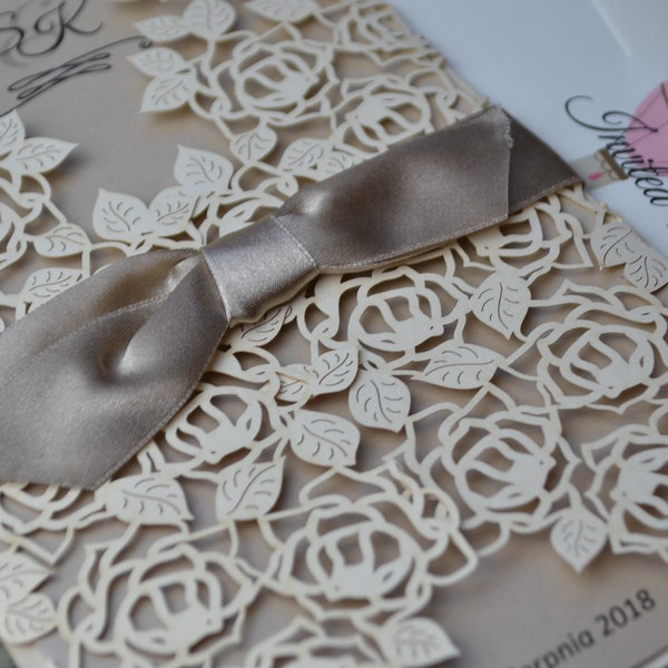 Laser cut wedding invitation, printed invitation, beige invitation, gold invitation, invitation with a bow