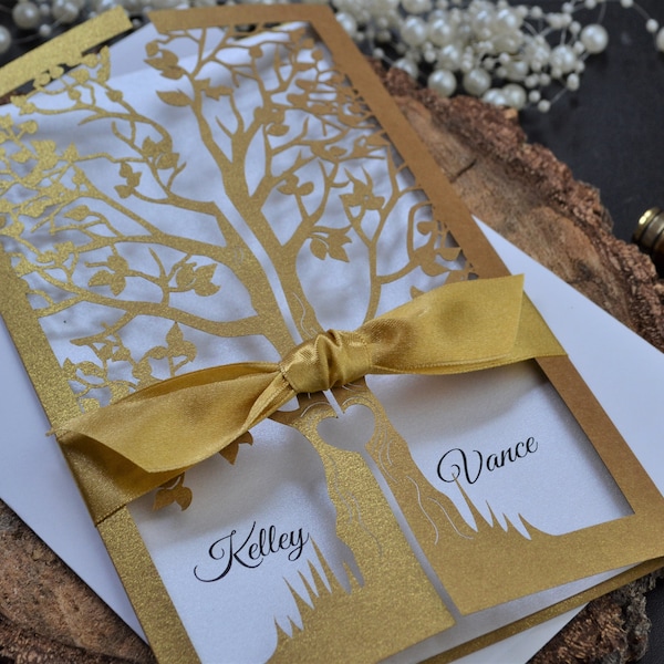 Gold wedding invitation, printed wedding invitation, tree invitation, Laser cut wedding invitation in rustic style