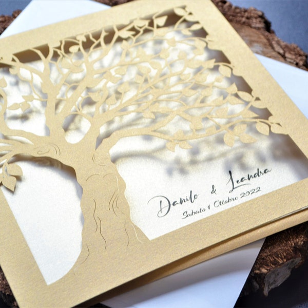 Wedding invitation, Laser cut wedding invitations , handmade invitations, gold wedding invitations with envelopes, tree of life