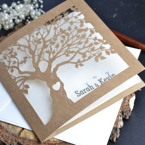Laser cut rustic wedding invitations , handmade invitations with envelopes, Eco brown tree wedding invitations with envelopes
