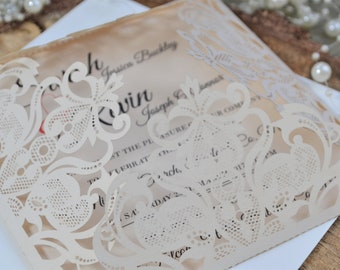 Laser cut invitation with envelope, handmade wedding invitation with envelope, ivory wedding invite with envelope