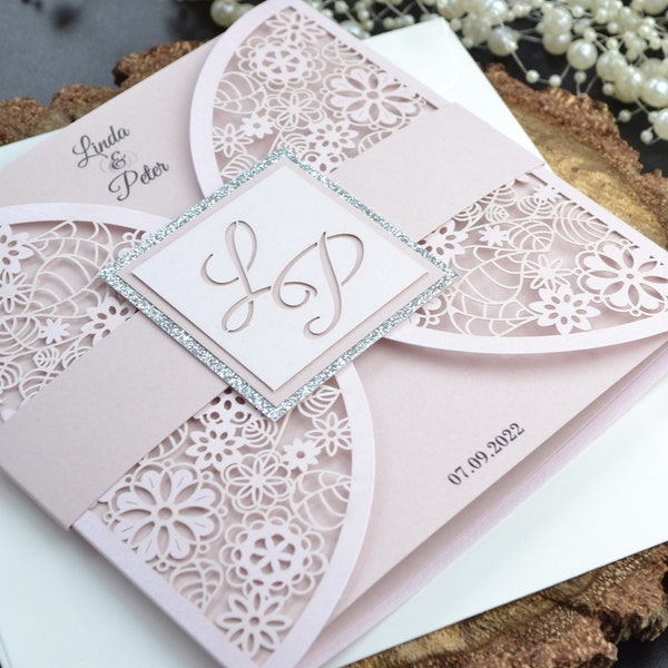 Lasergeschnittene Hochzeitseinladung, pinke Einladung, glitzernde Einladung, gedruckte Einladung, Hochzeitseinladung, lasergeschnittene Hochzeitskarte, L91