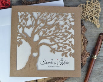 Laser cut wedding invitation, handmade invitations with envelopes, Eco brown wedding invitations with envelopes