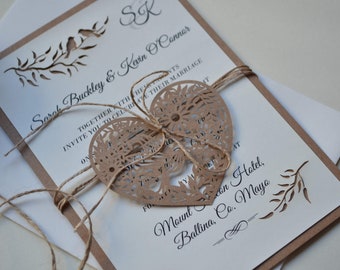 Wedding invitation, laser cut invitation, rustic heart wedding invitation with envelope, handmade wedding invitation with envelope