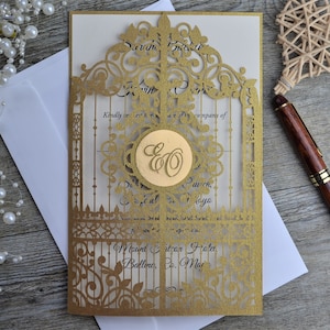 Laser cut wedding invitations, gold wedding invitations with envelope , elegant wedding invitation with envelope, gate invitation,