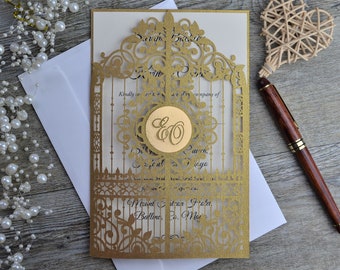 Laser cut wedding invitations with envelope , elegant gold wedding invitation, printed wedding invitation in foldgate style