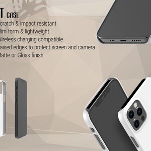 May include: A white phone case with a black phone inside. The case has a raised edge to protect the screen and camera. The text "FIT CASE" is visible in the top left corner of the image. The text below the case reads: "Scratch & impact resistant, Slim form & lightweight, Wireless charging compatible, Raised edges to protect screen and camera, Matte or Gloss finish."