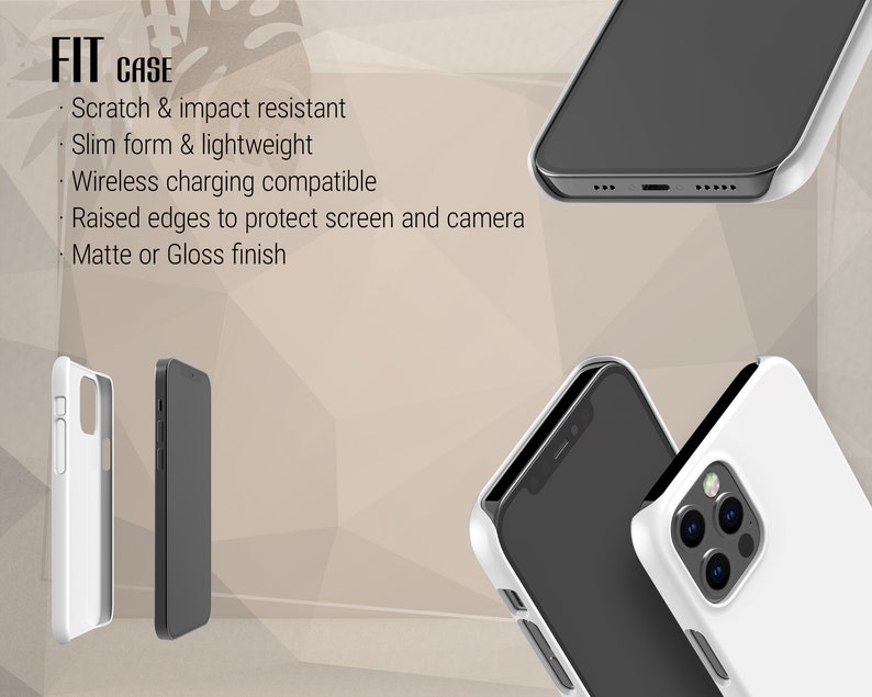May include: A white phone case with a black phone inside. The case has a raised edge to protect the screen and camera. The text "FIT CASE" is visible in the top left corner of the image. The text below the case reads: "Scratch & impact resistant, Slim form & lightweight, Wireless charging compatible, Raised edges to protect screen and camera, Matte or Gloss finish."
