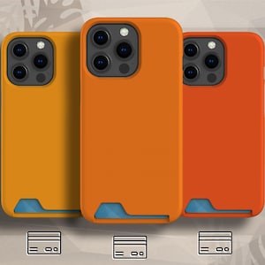 May include: Three colorful phone cases in shades of yellow, orange, and red. Each case has a built-in card holder with a blue interior. The cases are designed to fit a smartphone with multiple camera lenses.