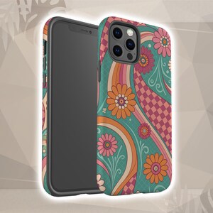 May include: A teal phone case with a colorful floral and wavy design. The case features orange, pink, and white flowers, along with pink and orange stripes and a checkered pattern. The phone case is black on the sides.