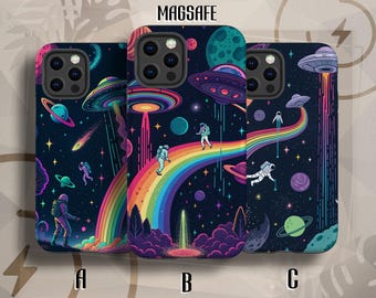 May include: Three phone cases with a space-themed design. Each case features a dark blue background with planets, stars, and astronauts. The designs include UFOs, rainbows, and colorful illustrations. The cases are labeled A, B, and C.