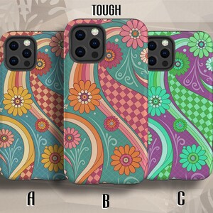 May include: Three phone cases with colorful floral and wave designs. Case A has yellow and orange flowers with a red and pink checkered pattern. Case B has orange flowers and a pink checkered pattern. Case C has green flowers and a green checkered pattern.