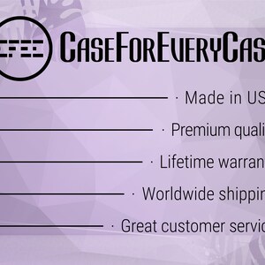 May include: A purple background with a black logo that says "CASEFOREVERYCASE" and a list of five benefits: Made in USA, Premium quality, Lifetime warranty, Worldwide shipping, and Great customer service.