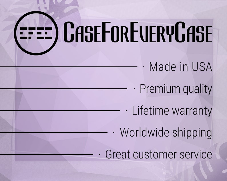May include: A purple background with a black logo that says "CASEFOREVERYCASE" and a list of five benefits: Made in USA, Premium quality, Lifetime warranty, Worldwide shipping, and Great customer service.