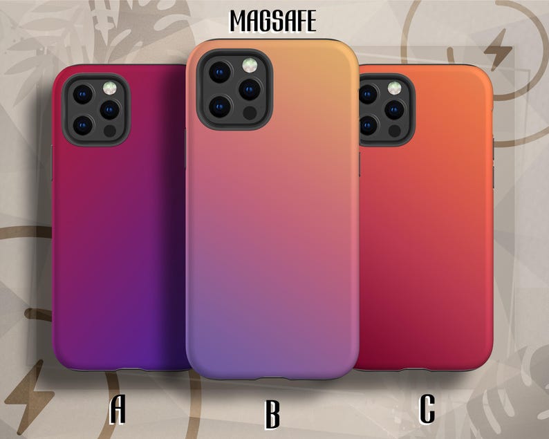 K&ouml;nnte beinhalten: Drei Handyh&uuml;llen mit einem Farbverlauf-Design. Die H&uuml;llen sind mit A, B und C gekennzeichnet. H&uuml;lle A ist ein lila-rosa Farbverlauf, H&uuml;lle B ist ein hellblau-rosa Farbverlauf und H&uuml;lle C ist ein rot-orangefarbener Farbverlauf.