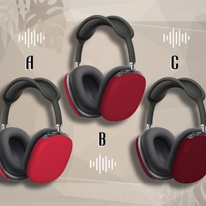 Könnte beinhalten: Drei Paar schwarze Over-Ear-Kopfhörer mit roten Ohrmuscheln. Die Kopfhörer sind in einem dreieckigen Muster angeordnet, wobei die Ohrmuscheln zum Betrachter zeigen. Die Kopfhörer haben ein gepolstertes Kopfband und Ohrmuscheln.