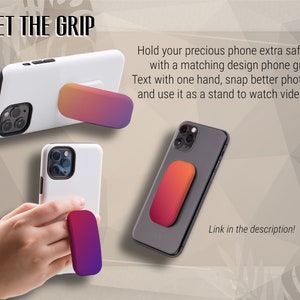 K&ouml;nnte beinhalten: Zwei Bilder eines wei&szlig;en iPhone-Geh&auml;uses mit einem bunten Handygriff. Der Griff kann als St&auml;nder zum Anschauen von Videos oder zum sichereren Halten des Telefons verwendet werden. Der Text "GET THE GRIP" befindet sich oben im Bild. Der Text "Halten Sie Ihr wertvolles Telefon extra sicher mit einem passenden Design-Handygriff! Schreiben Sie mit einer Hand, machen Sie bessere Fotos und verwenden Sie es als St&auml;nder zum Anschauen von Videos! Link in der Beschreibung!" befindet sich unten im Bild.