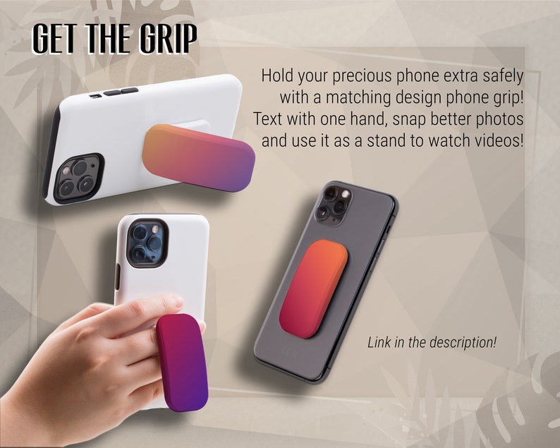 K&ouml;nnte beinhalten: Zwei Bilder eines wei&szlig;en iPhone-Geh&auml;uses mit einem bunten Handygriff. Der Griff kann als St&auml;nder zum Anschauen von Videos oder zum sichereren Halten des Telefons verwendet werden. Der Text "GET THE GRIP" befindet sich oben im Bild. Der Text "Halten Sie Ihr wertvolles Telefon extra sicher mit einem passenden Design-Handygriff! Schreiben Sie mit einer Hand, machen Sie bessere Fotos und verwenden Sie es als St&auml;nder zum Anschauen von Videos! Link in der Beschreibung!" befindet sich unten im Bild.