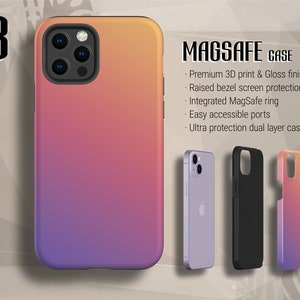 K&ouml;nnte beinhalten: Eine Gradienten-Handyh&uuml;lle mit einem Farbverlauf in Pink, Orange und Lila. Die H&uuml;lle verf&uuml;gt &uuml;ber einen integrierten MagSafe-Ring und einen erh&ouml;hten Rand zum Schutz des Displays. Der Text "MAGSAFE CASE" ist auf dem Bild zu sehen.