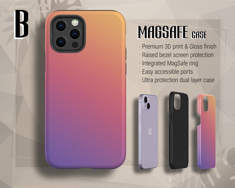 K&ouml;nnte beinhalten: Eine Gradienten-Handyh&uuml;lle mit einem Farbverlauf in Pink, Orange und Lila. Die H&uuml;lle verf&uuml;gt &uuml;ber einen integrierten MagSafe-Ring und einen erh&ouml;hten Rand zum Schutz des Displays. Der Text "MAGSAFE CASE" ist auf dem Bild zu sehen.