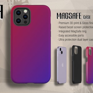 K&ouml;nnte beinhalten: Eine Handyh&uuml;lle im Farbverlauf von Lila zu Pink mit einem integrierten MagSafe-Ring. Die H&uuml;lle hat einen erh&ouml;hten Rand zum Schutz des Bildschirms und einen einfachen Zugang zu den Anschl&uuml;ssen.  MAGSAFE CASE - Premium 3D-Druck & Glanzfinish - Erh&ouml;hter Rand f&uuml;r Bildschirmschutz - Integrierter MagSafe-Ring - Einfach zug&auml;ngliche Anschl&uuml;sse - Ultra-Schutz-Doppel-Schicht-H&uuml;lle
