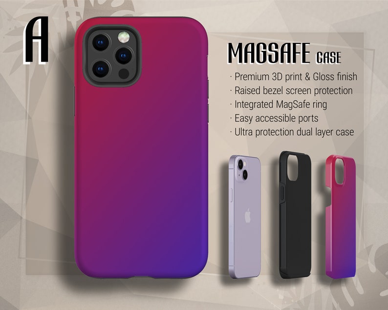 K&ouml;nnte beinhalten: Eine Handyh&uuml;lle im Farbverlauf von Lila zu Pink mit einem integrierten MagSafe-Ring. Die H&uuml;lle hat einen erh&ouml;hten Rand zum Schutz des Bildschirms und einen einfachen Zugang zu den Anschl&uuml;ssen.  MAGSAFE CASE - Premium 3D-Druck & Glanzfinish - Erh&ouml;hter Rand f&uuml;r Bildschirmschutz - Integrierter MagSafe-Ring - Einfach zug&auml;ngliche Anschl&uuml;sse - Ultra-Schutz-Doppel-Schicht-H&uuml;lle