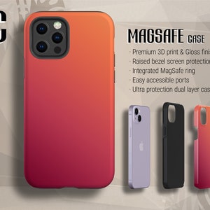 K&ouml;nnte beinhalten: Eine rote und orangefarbene Gradienten-Handyh&uuml;lle mit einem schwarzen Kamerabuckel und einem schwarzen MagSafe-Ring. Die H&uuml;lle ist aus strapazierf&auml;higem Material gefertigt und sch&uuml;tzt Ihr Telefon. MAGSAFE CASE - Premium 3D-Druck & Glanzfinish - Erh&ouml;hter Rahmen f&uuml;r den Bildschirmschutz - Integrierter MagSafe-Ring - Leicht zug&auml;ngliche Anschl&uuml;sse - Ultra-Schutz-Doppel-Schicht-H&uuml;lle